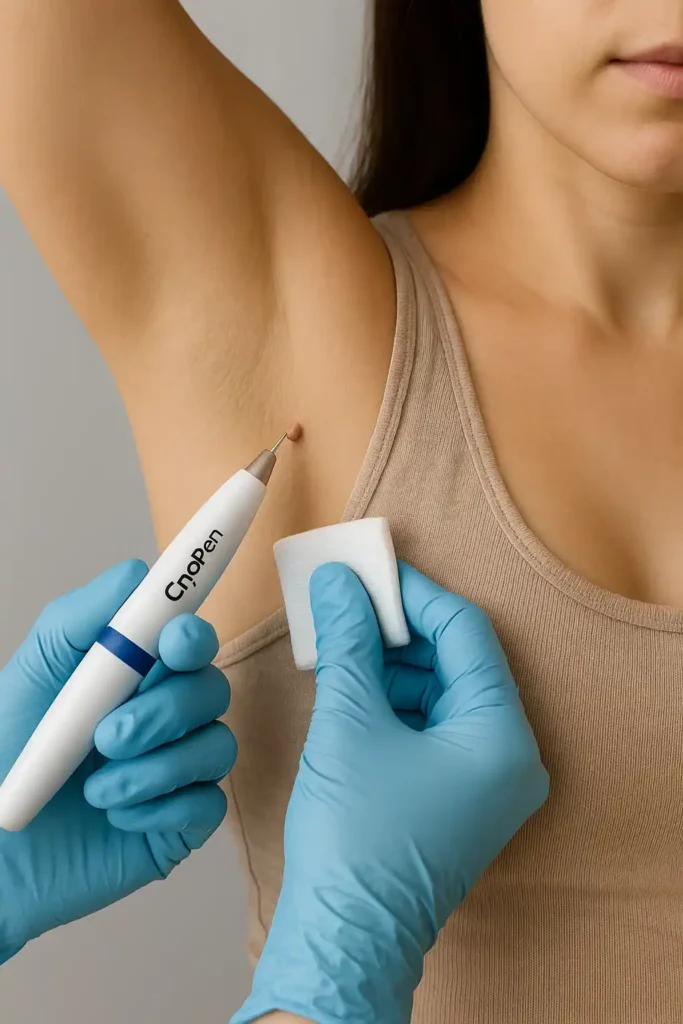 woman having cryopen to remove underarm skin tags Berkshire