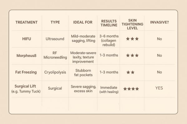Table showing the comparisons of Skin tightening Berkshire treatment options.